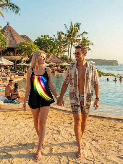 Black sleeveless tankini with rainbow wave bodice and floral swim shorts