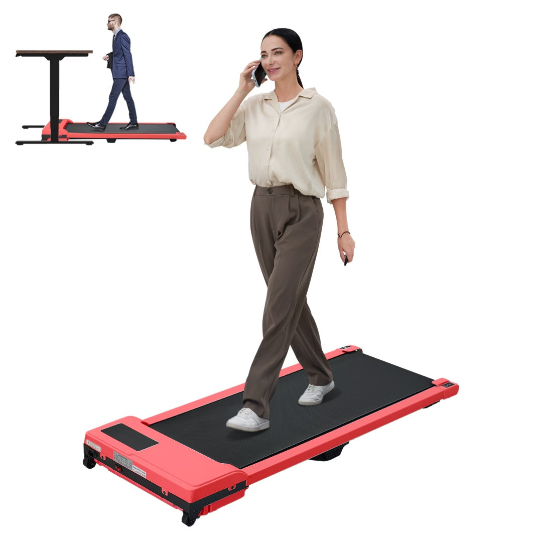 Red portable walking treadmill with black belt, handrail console, and wheels