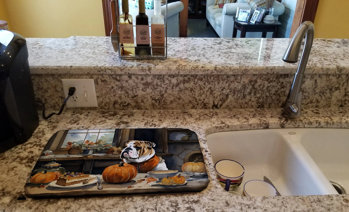 English Bulldog Fall Kitchen Pumpkins Dish Drying Mat