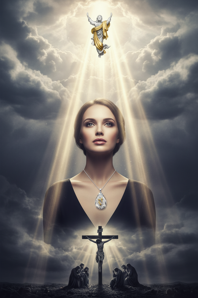 Silver necklace with teardrop crystal pendant and gold-tone religious emblem