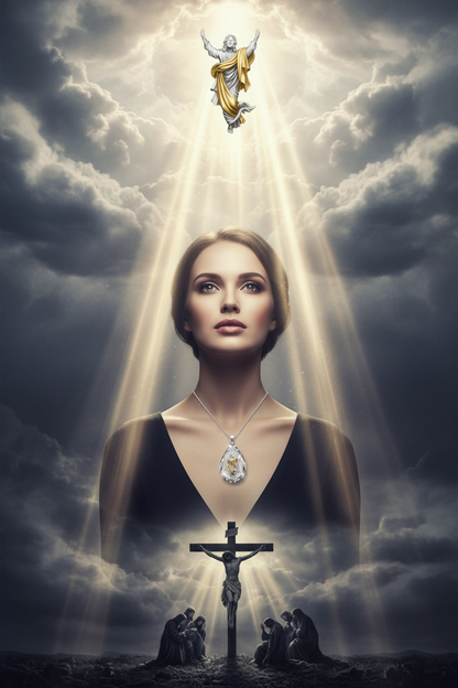 Silver necklace with teardrop crystal pendant and gold-tone religious emblem