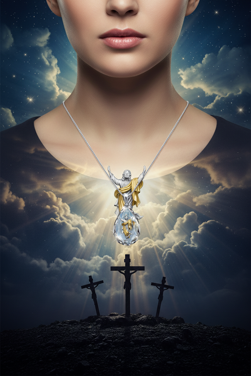 Silver chain necklace with teardrop crystal pendant and gold-tone emblem center