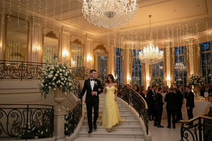 Off-shoulder chiffon A-line pleated bridesmaid dress, yellow with a flowing skirt