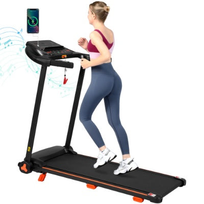 Black home treadmill in use position with console and safety handles.