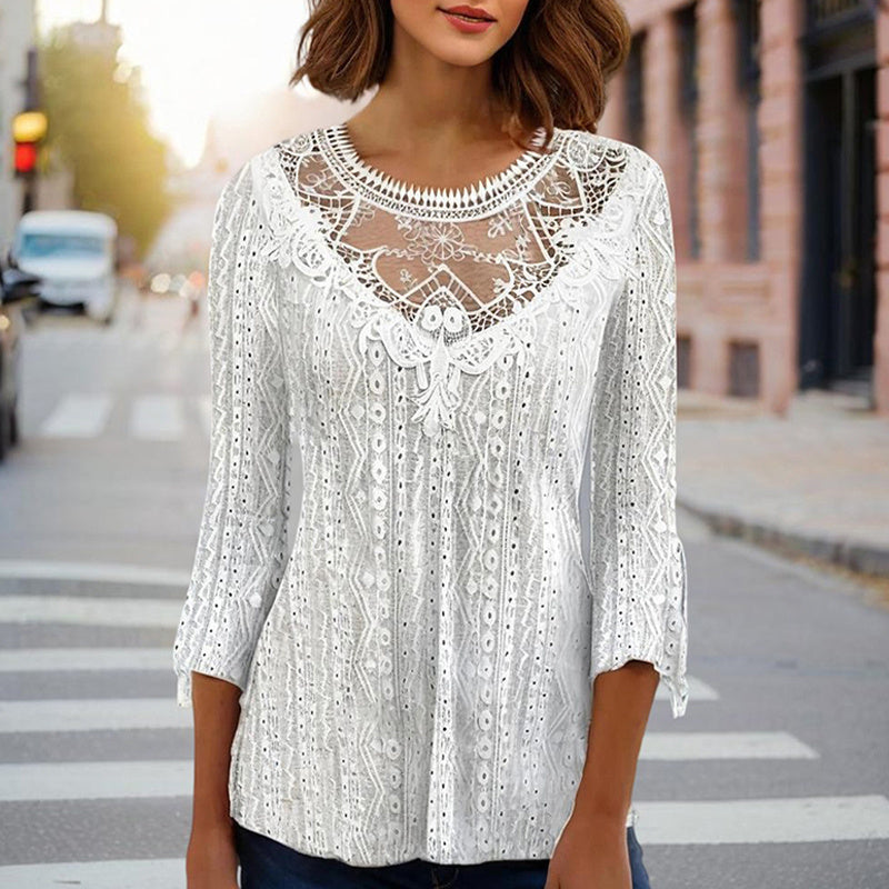 Women's Round Neck Lace Trim Semi-Sheer Blouse - Sexy Half Sleeve Hollow Out Top For Spring&Summer