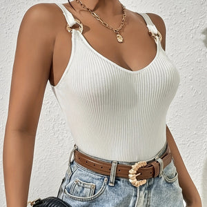 White ribbed V-neck camisole tank, slim straps and fitted hemline.