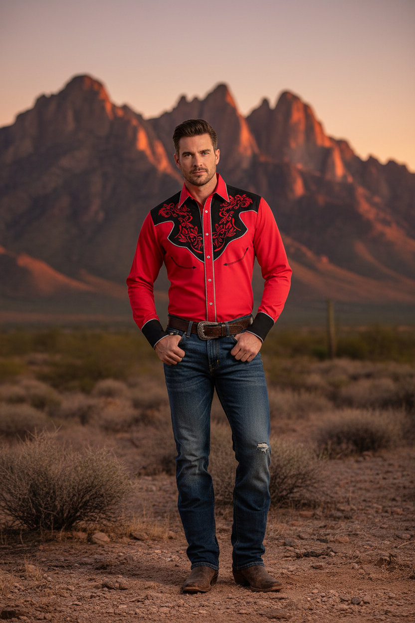 Men's long-sleeve polo-collar button shirt, red with black floral chest detailing