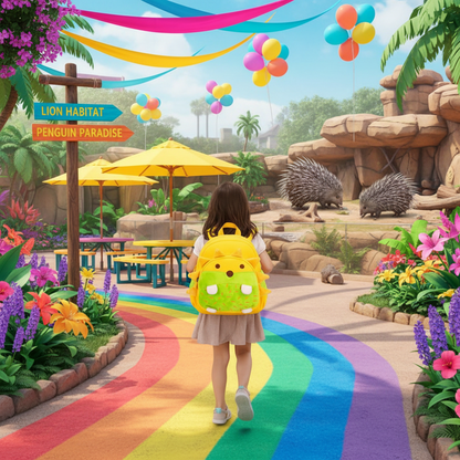 Children's bright yellow backpack with cartoon duck face and top handle, viewed from back