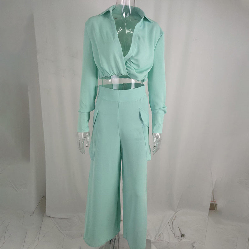 Women's Plus Size Elegant Pant Set - Crisscross Detail Top & Wide Leg Pants With Pockets