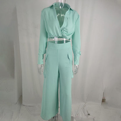 Women's Plus Size Elegant Pant Set - Crisscross Detail Top & Wide Leg Pants With Pockets