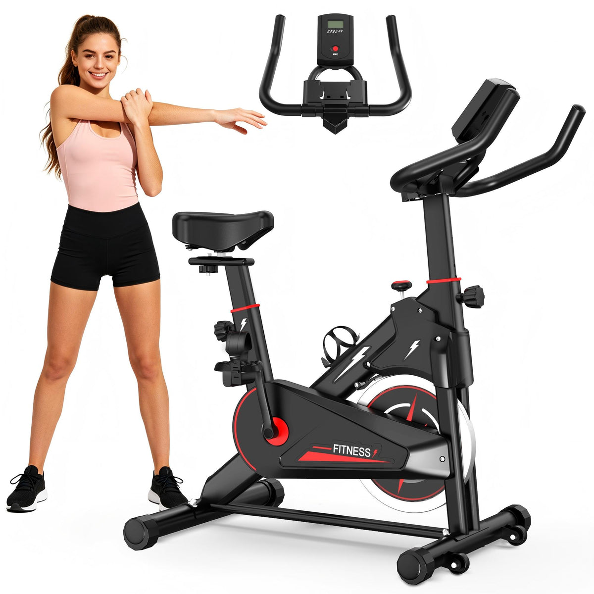 Indoor cycling exercise bike with adjustable seat and handlebars, shown with rider