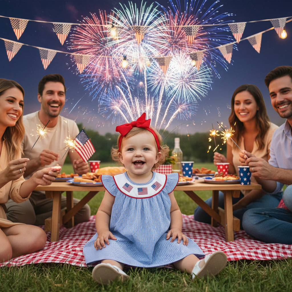 Baby Girls 4th Of July Dress Gingham American Flag White Blue Color Block Independence Day