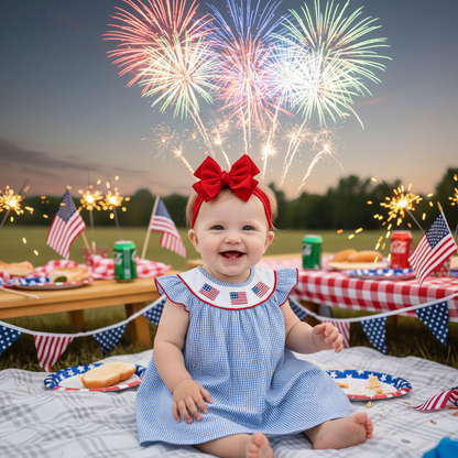 Baby Girls 4th Of July Dress Gingham American Flag White Blue Color Block Independence Day
