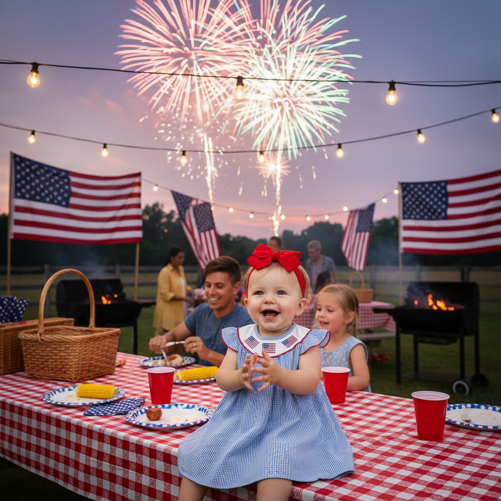 Baby Girls 4th Of July Dress Gingham American Flag White Blue Color Block Independence Day