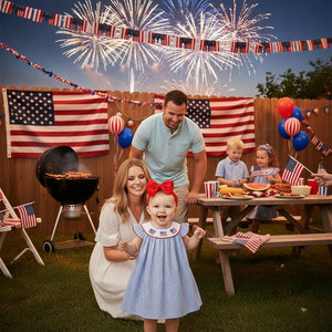 Blue gingham baby dress with patriotic collar and red bow, sleeveless