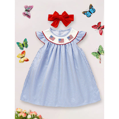 Baby Girls 4th Of July Dress Gingham American Flag White Blue Color Block Independence Day Dresses