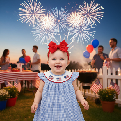 Baby Girls 4th Of July Dress Gingham American Flag White Blue Color Block Independence Day