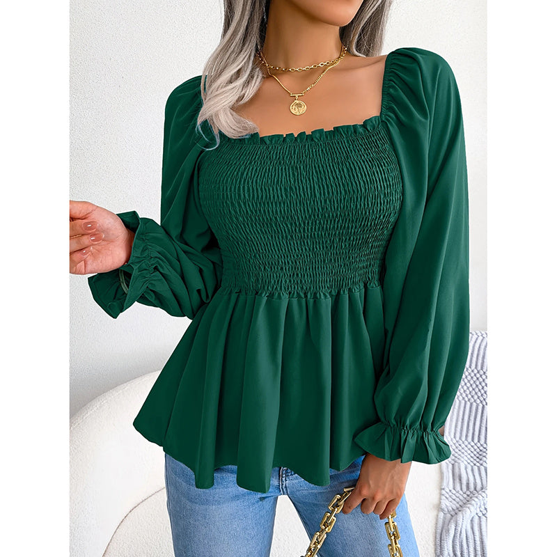 Women's Peplum Tops Square Neck Ruffle Trim Long Sleeve Blouse Smocked Top Dressy Casual Shirts