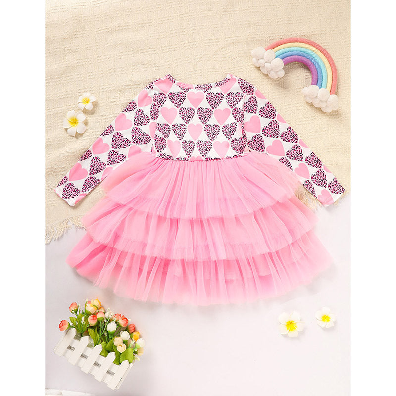 Toddler Girls Outfits Long Sleeve Graphic Heart Print Mesh Tulle Valentine Birthday Party Dress