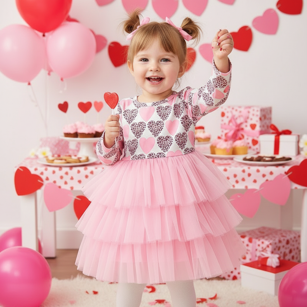 Toddler Girls Outfits Long Sleeve Graphic Heart Print Mesh Tulle Valentine Birthday Party Dress