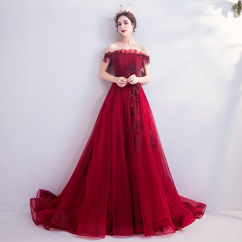 Fashionable Red One-shoulder Wedding Toast Dinner Annual Party Bridesmaid Dress Skirt