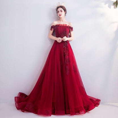 Fashionable Red One-shoulder Wedding Toast Dinner Annual Party Bridesmaid Dress Skirt