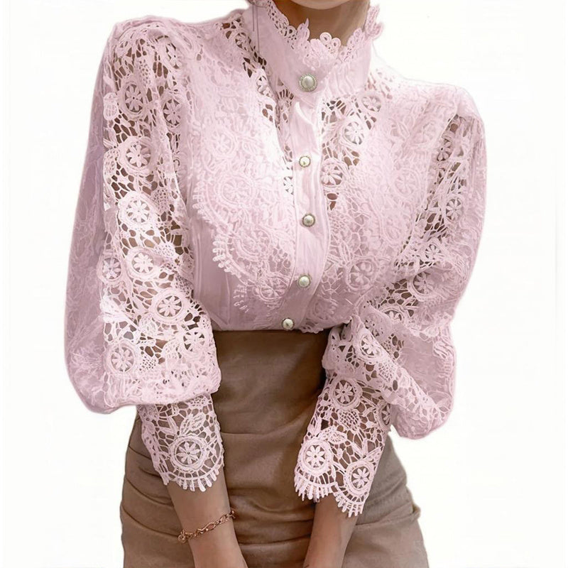 Elegant Women's Vintage Pearl Button Lace Blouse - Puff Sleeve Semi-Sheer Ruffled Stand Collar Shirt