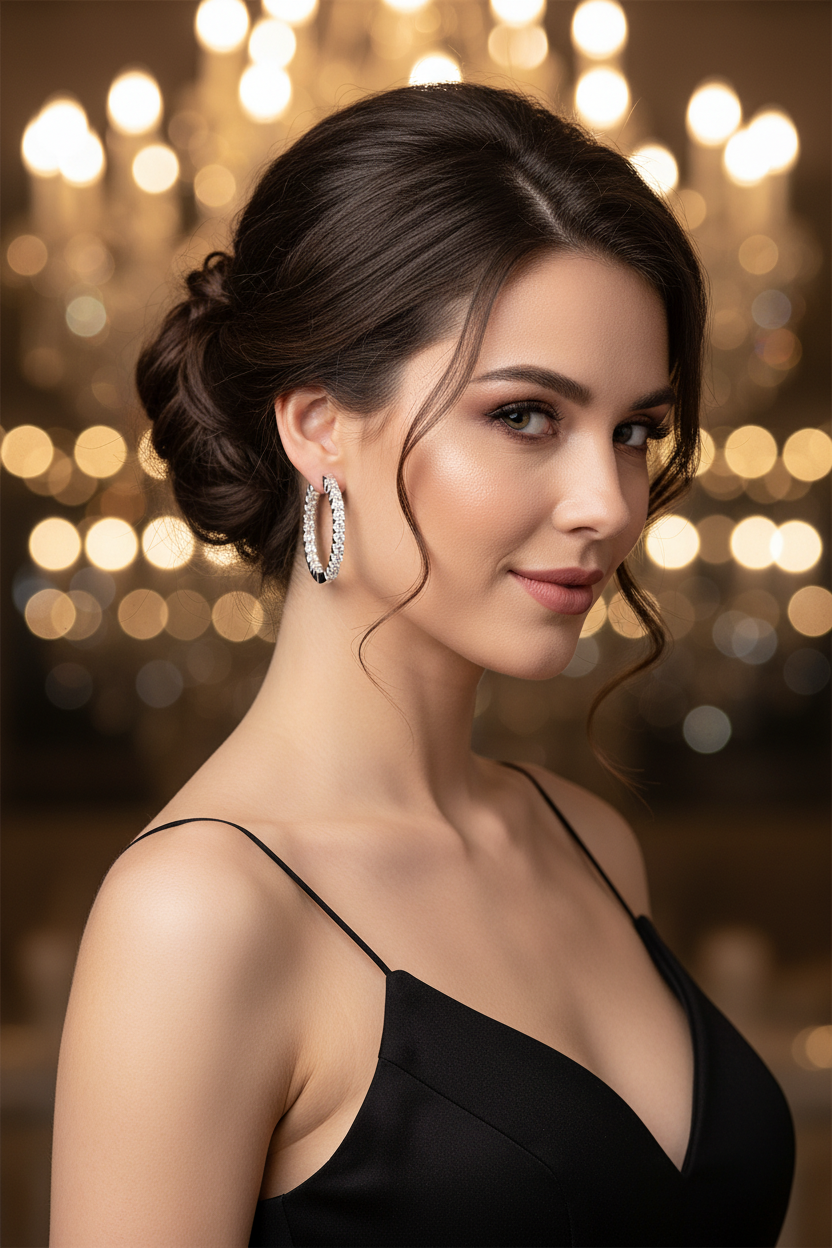Silver oval hoop-style stud earrings with clear stones, close-up
