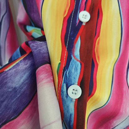 Women's Lapel Collar Printed Long Sleeve Shirt - Vibrant Colorful Pattern Button-Up Blouse Stylish