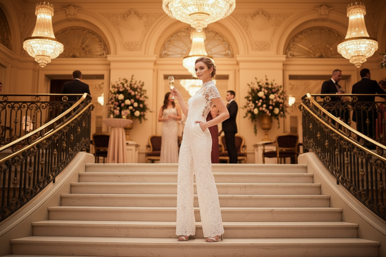 White lace bridal short-sleeve wide-leg jumpsuit with high neckline, stair view