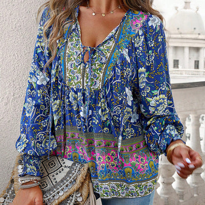 Women's Boho Chic Long Sleeve Blouse Floral Print V-Neck Top With Lace-Up & Drawstring Detail Elegant Vacation Shirt