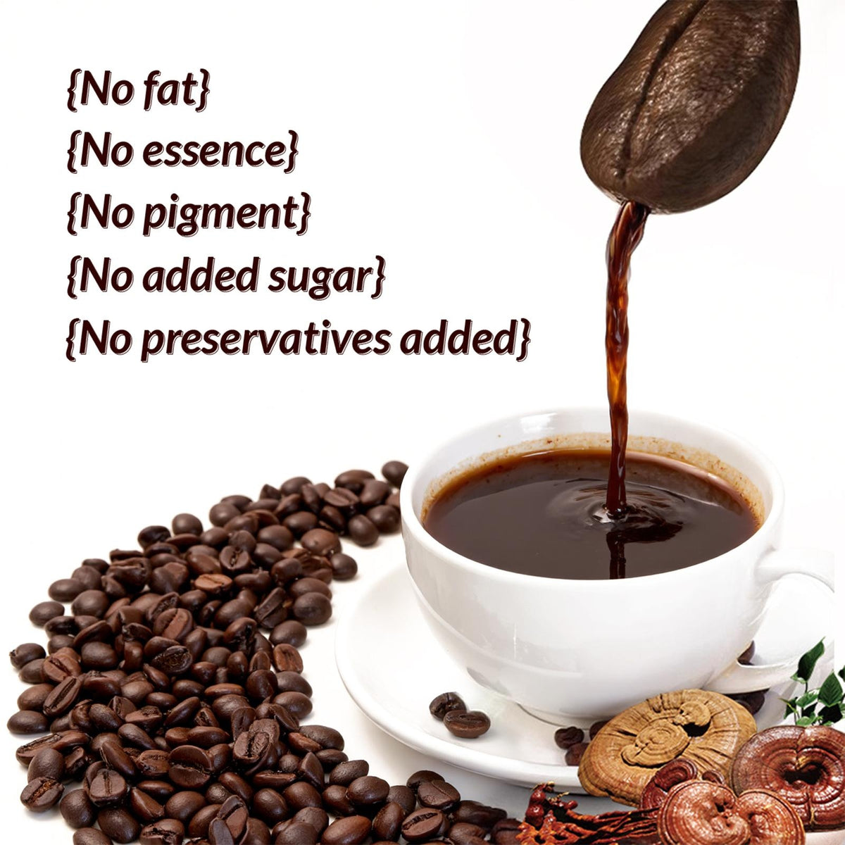Cup of dark coffee with coffee beans and mushroom coffee stream