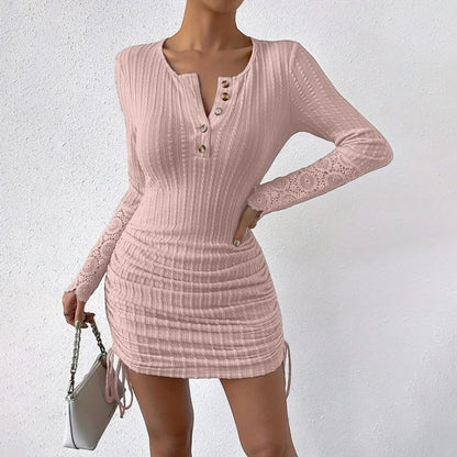Women's Elegant Bodycon Dress - Round Neck With Button Detail, Solid Color Long Sleeve Lace Cuff & Drawstring Hem Holiday Dress