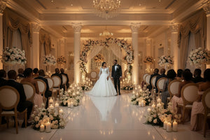 White full-length bridal gown with long lace sleeves and voluminous skirt with train.