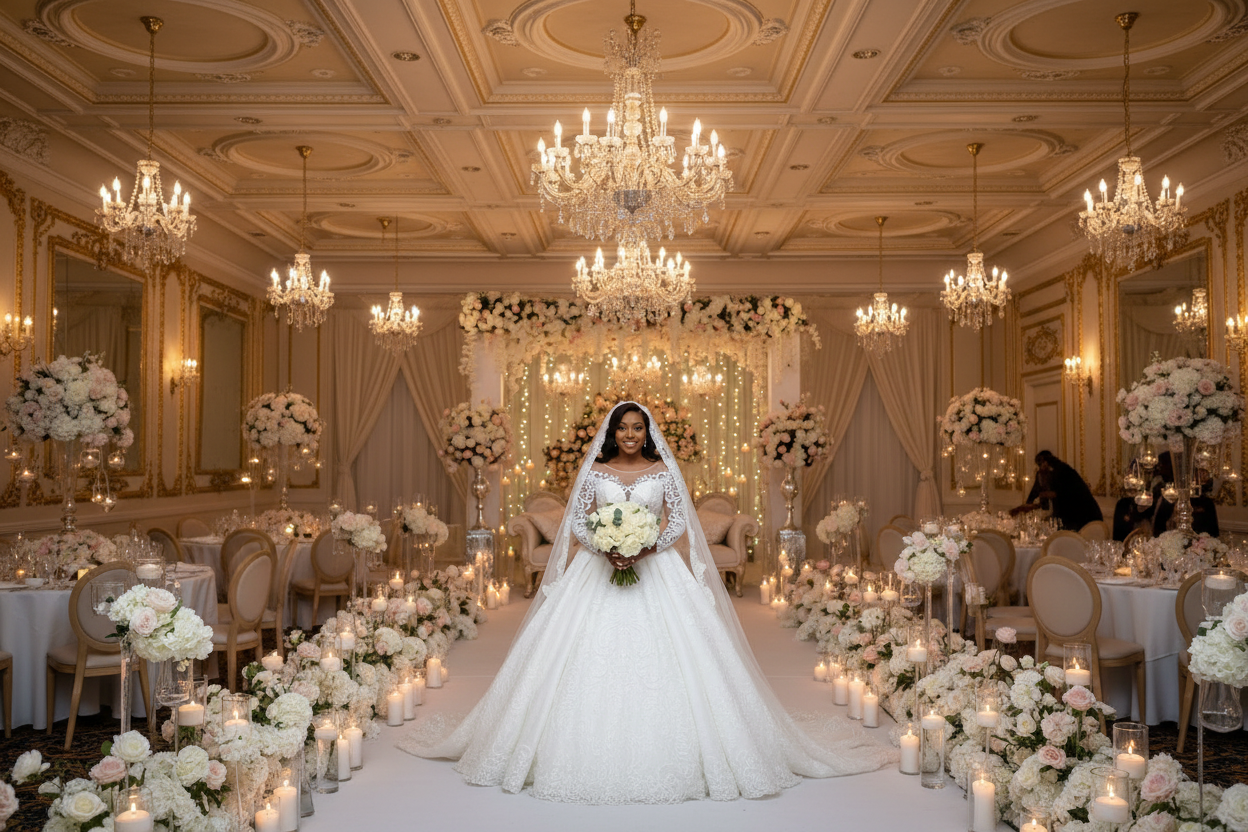 White wedding gown with long lace sleeves, fitted lace bodice, and wide flowing skirt.