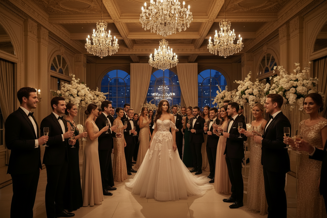 Lace wedding dress with strapless bodice and full skirt, shown at event reception