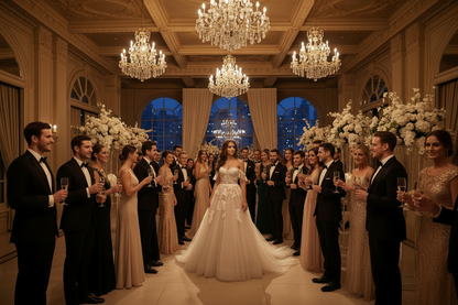 Lace wedding dress with strapless bodice and full skirt, shown at event reception