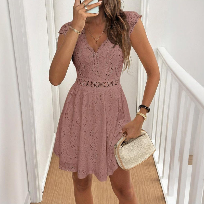 Women's V-Neck Solid Color Short Sleeve With Lace Trim - Summer Sexy Vacation Dress