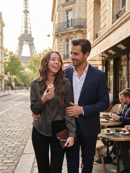 Long-sleeve satin one-button shirt in dark grey, open collar and button front.