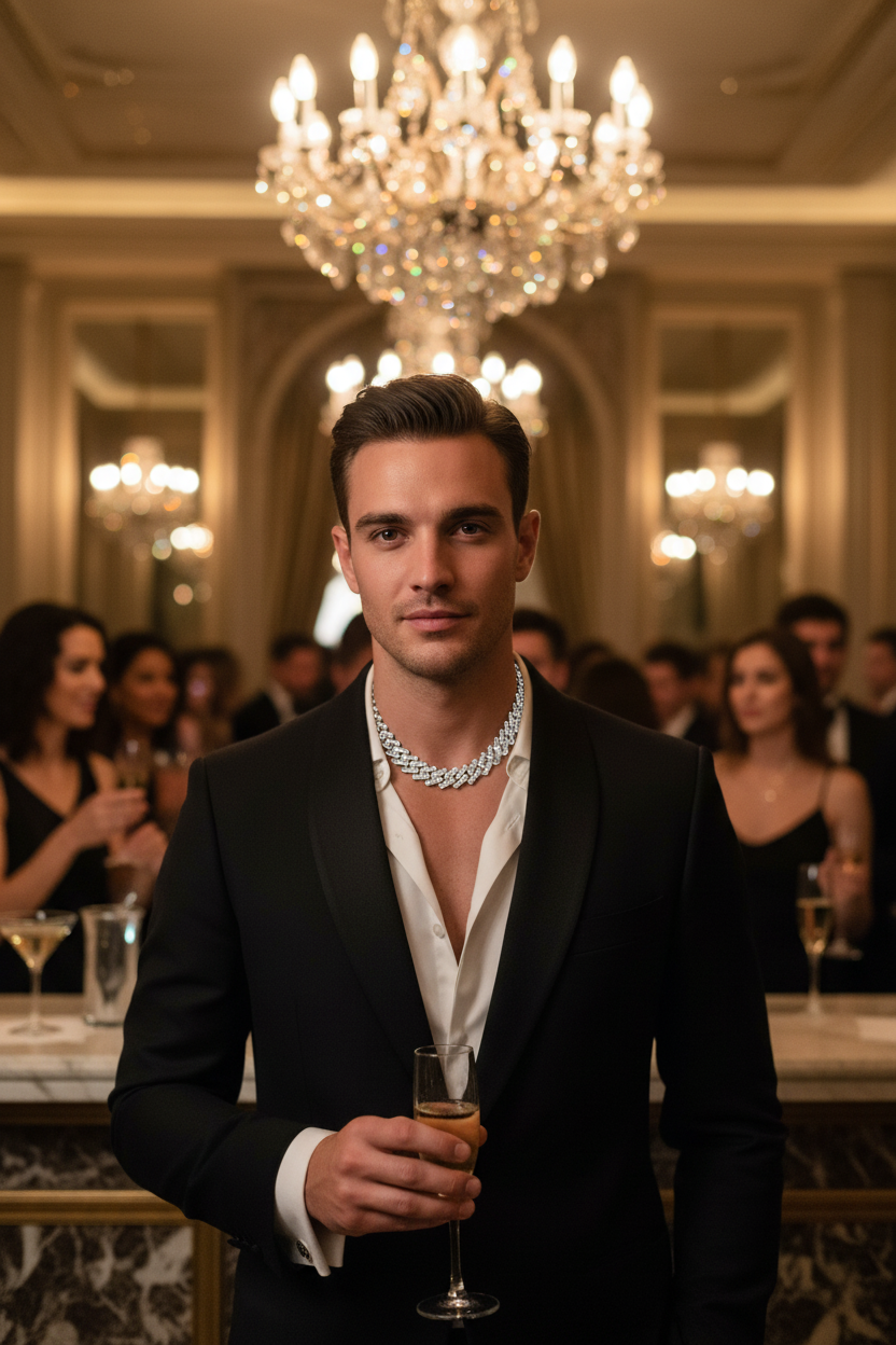Silver rectangular-link necklace on chest over white shirt and dark suit, front view