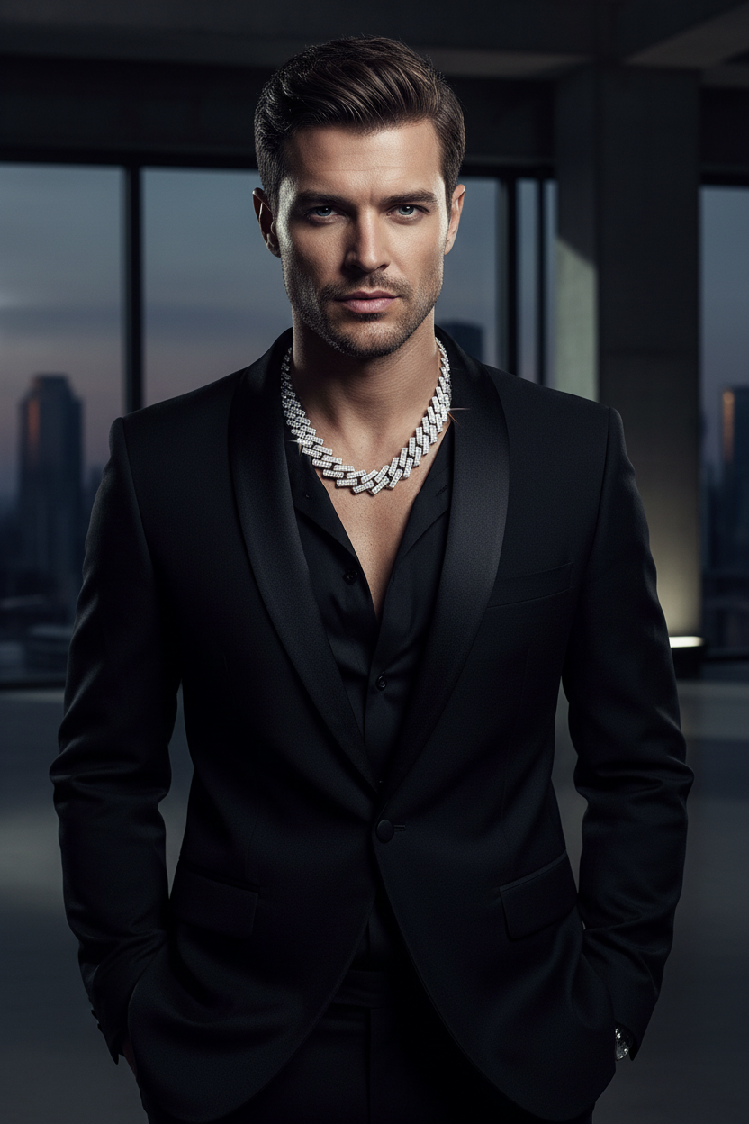 Silver rectangular-link chain necklace on chest of dark suit jacket