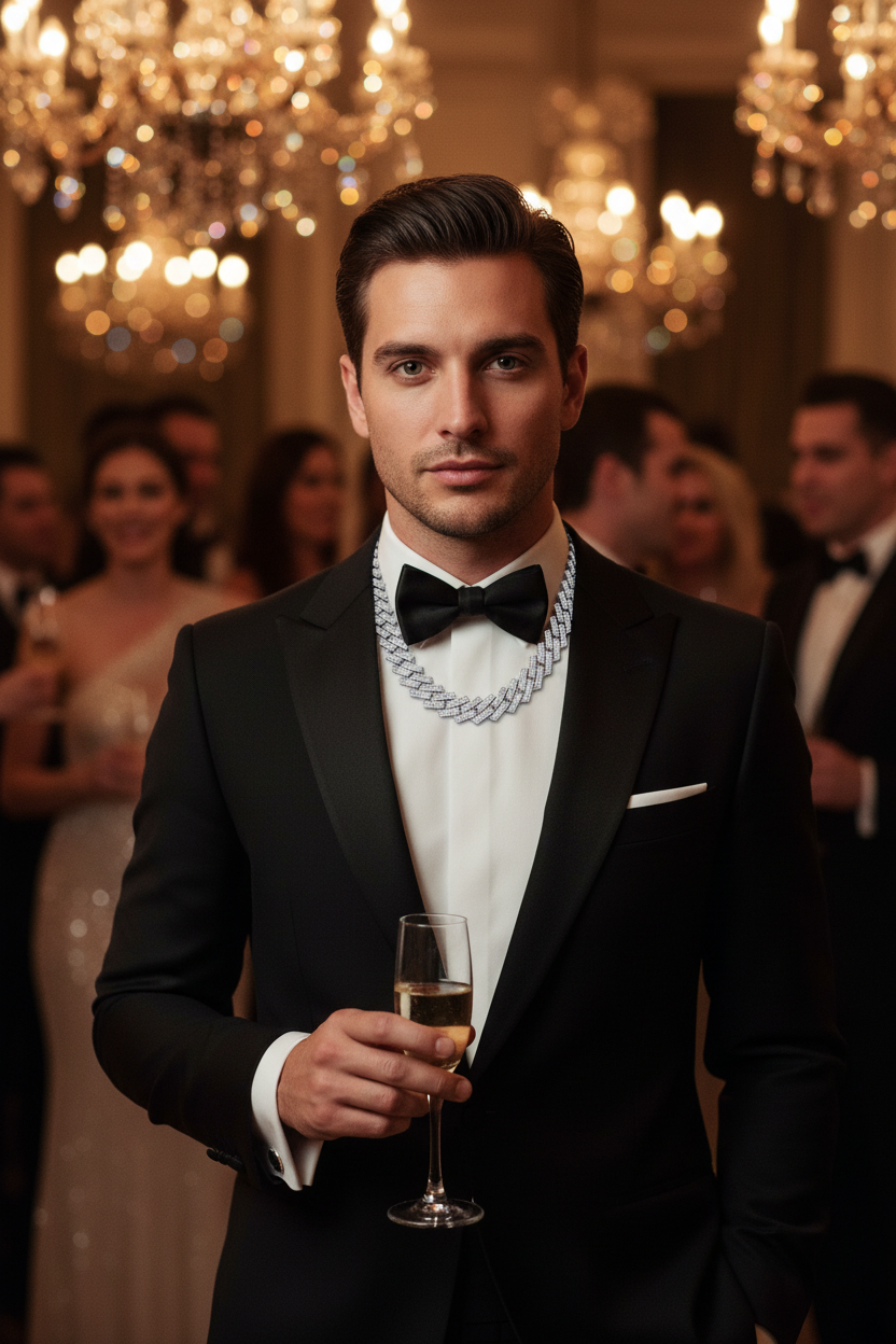 Silver layered rectangular-link necklace above black bow tie and white dress shirt