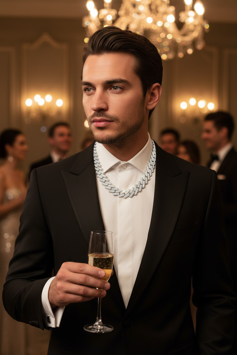 Silver rectangular-link chain necklace with layered design on white dress shirt