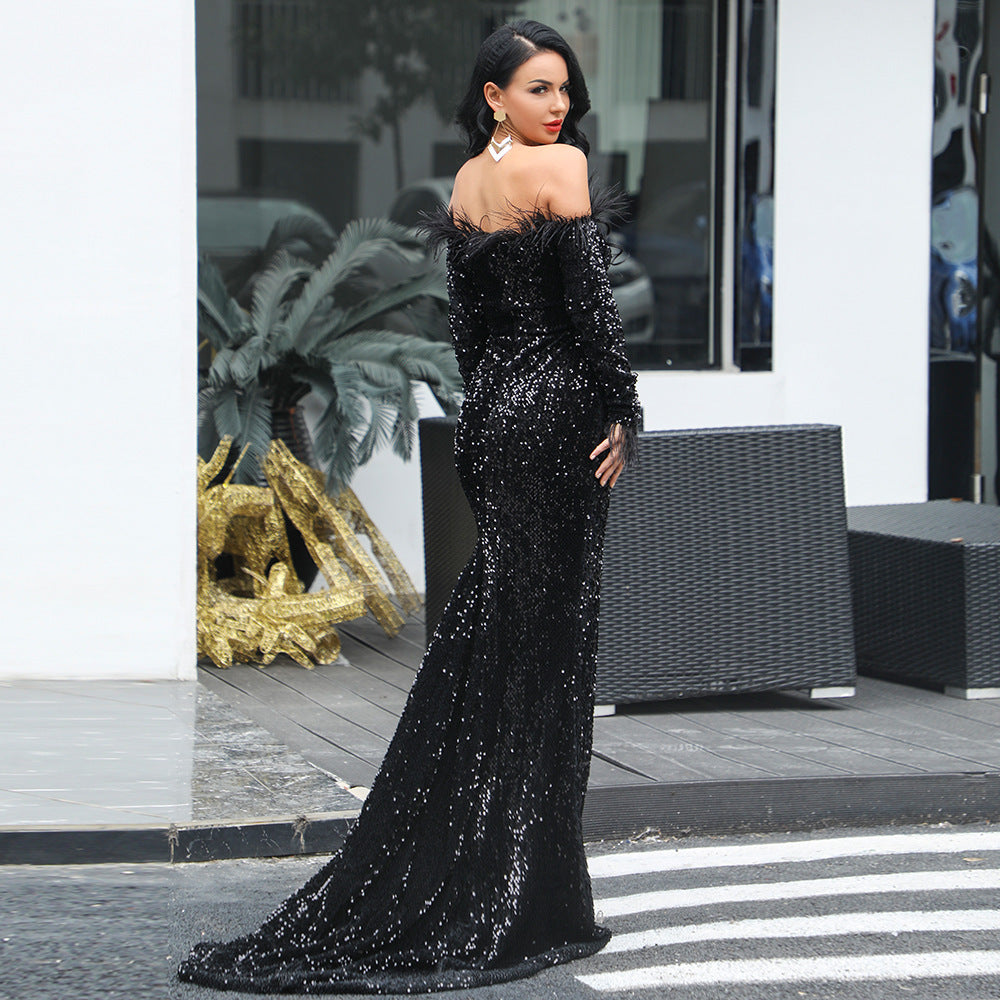 Women Sexy Off Shoulder Long Sleeve Feather Elegant Sequin Maxi Dress