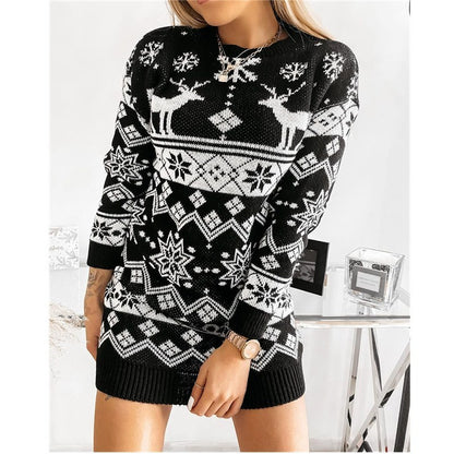 Elk Snowflake Christmas Jacquard Dress Long Knitted Sweaters