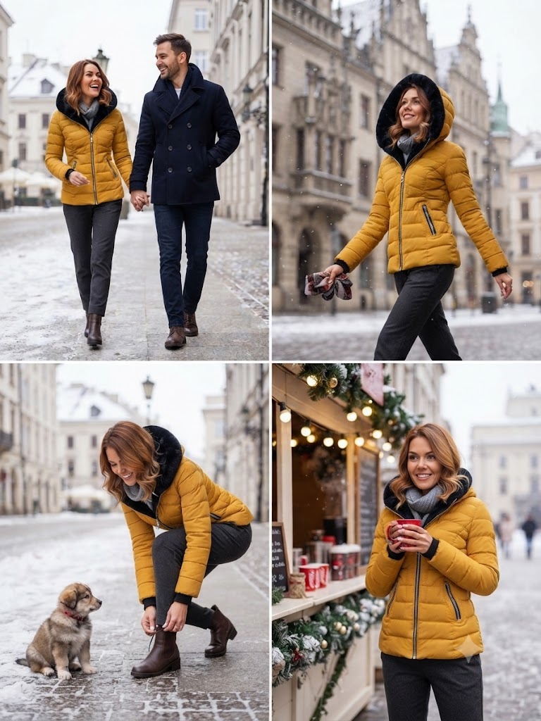 Mustard hooded long-sleeve jacket with zipper and side pockets, worn with jeans