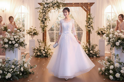 Slim bridesmaid dress with lace long sleeves and fitted bodice, A-line tulle skirt