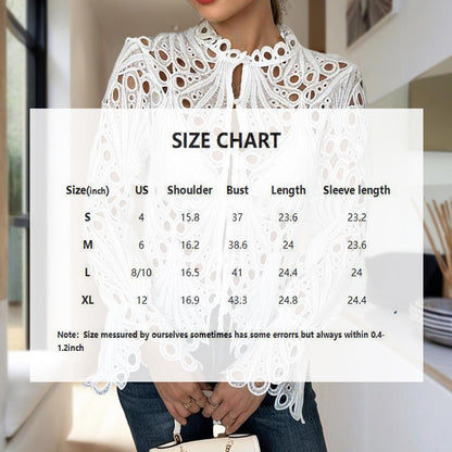 Women's Sexy Lace Hollow Out Blouse - Round Neck Button Front Long Flared Sleeve Top