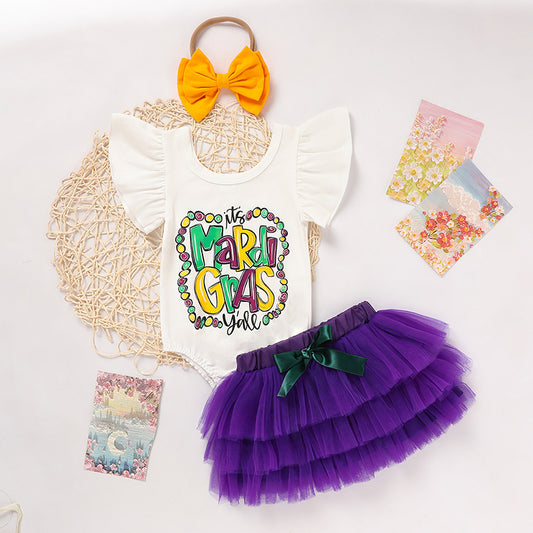 Baby Girls' Mardi Gras Outfit Set Ruffle Sleeve Letter Print Bodysuit, Mesh Tutu Skirt & Hairband