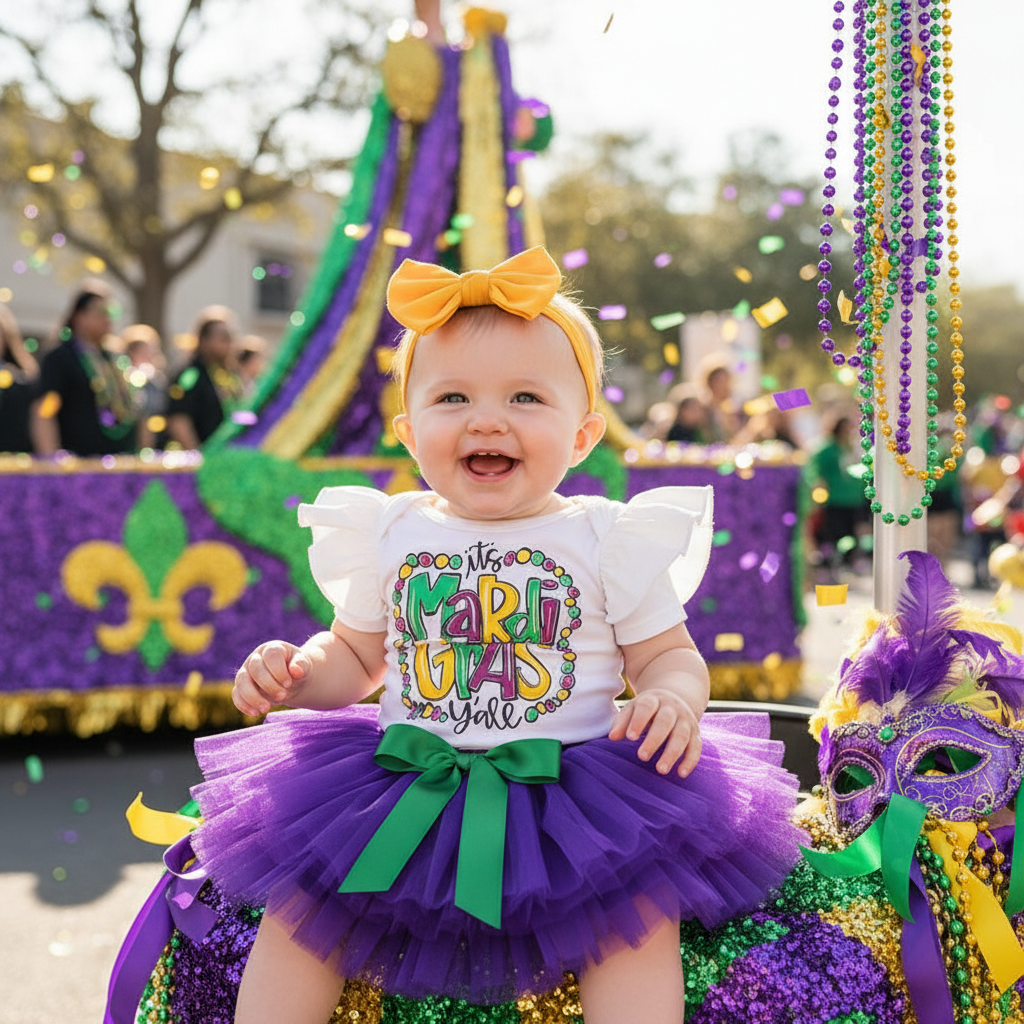Baby Girls' Mardi Gras Outfit Set Ruffle Sleeve Letter Print Bodysuit, Mesh Tutu Skirt & Hairband